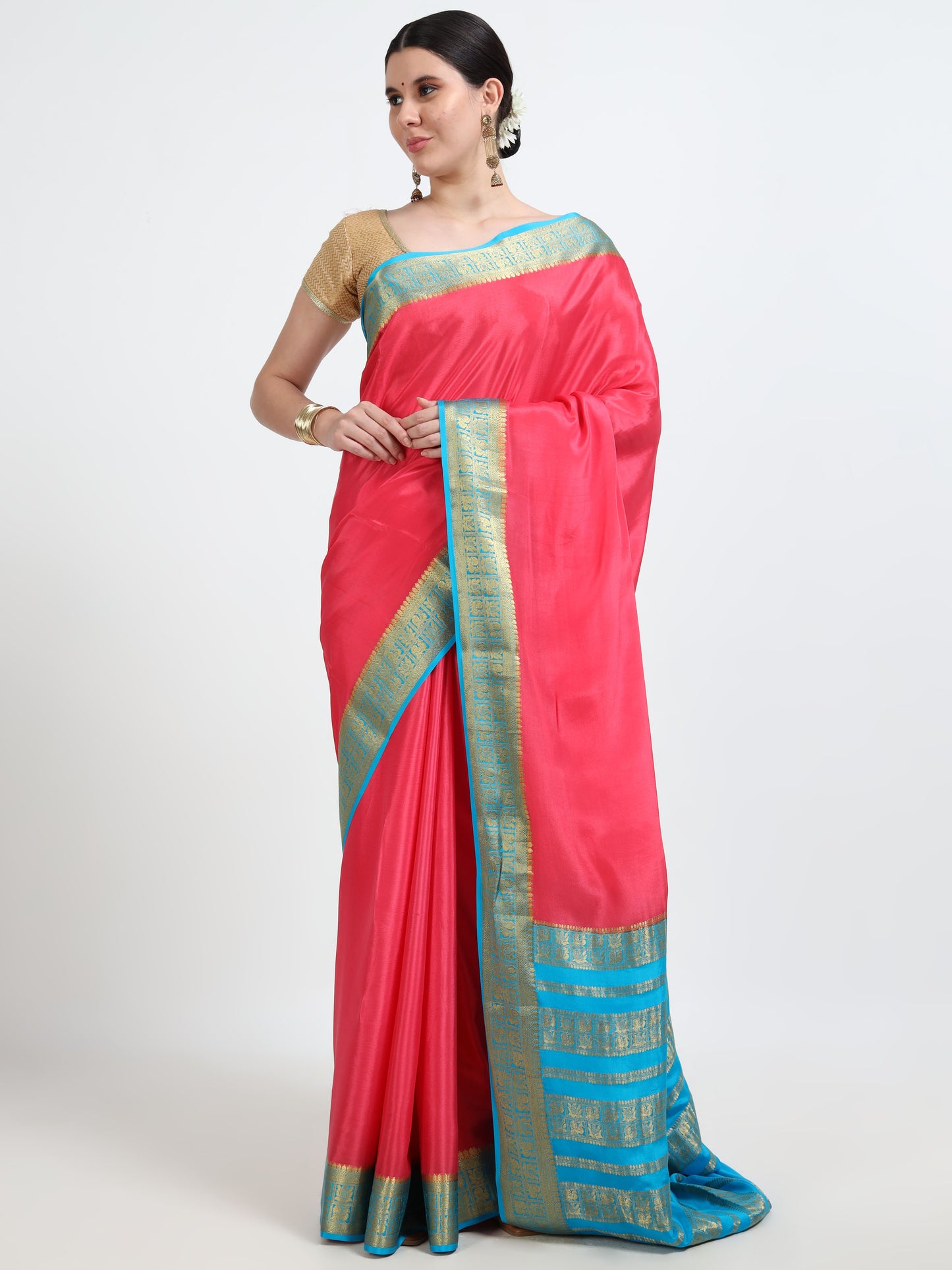 Tomato Pink Body With Sky Blue Pallu Pure Mysore Silk Crepe ( MC-MS 9 )