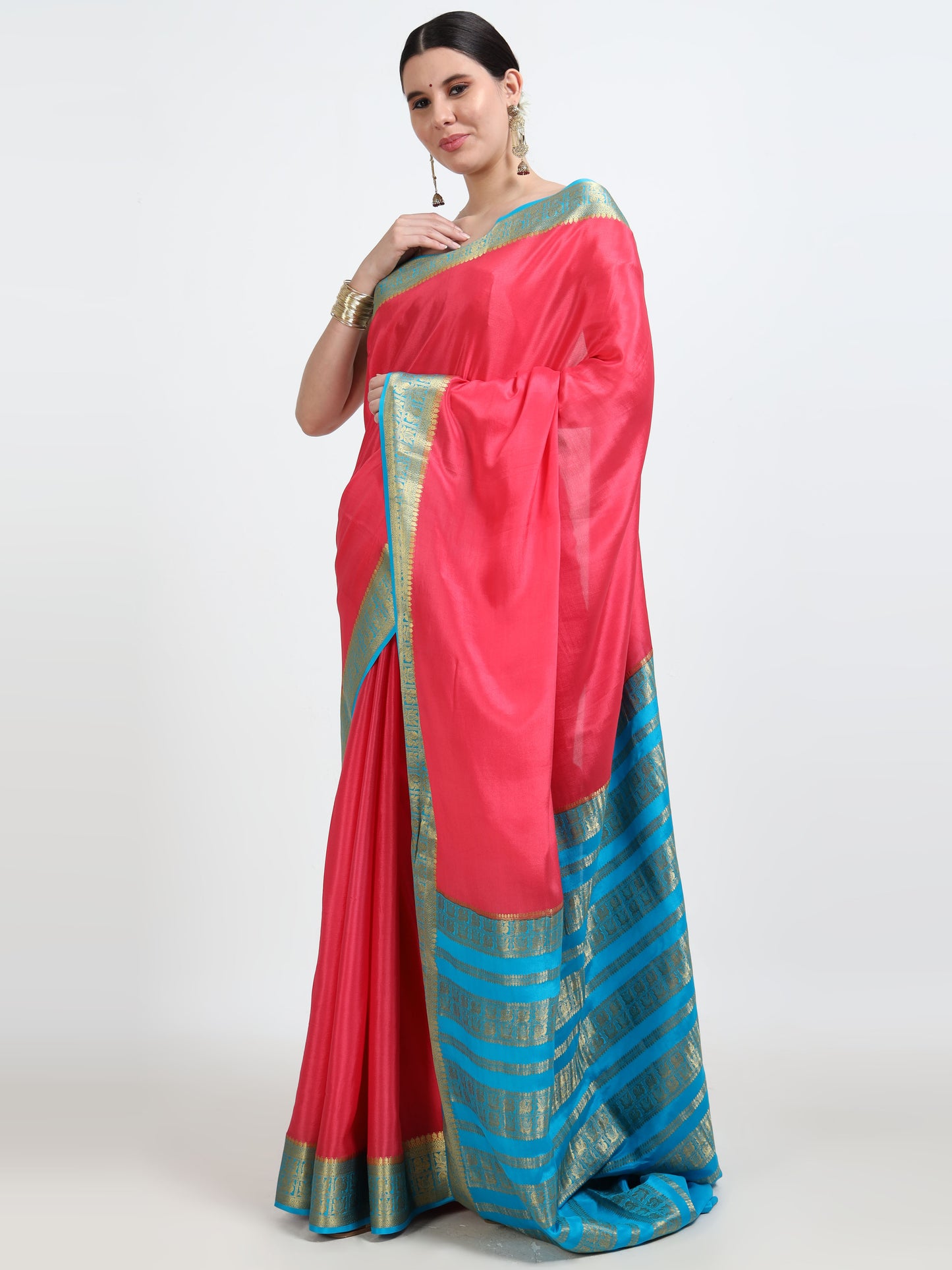 Tomato Pink Body With Sky Blue Pallu Pure Mysore Silk Crepe ( MC-MS 9 )