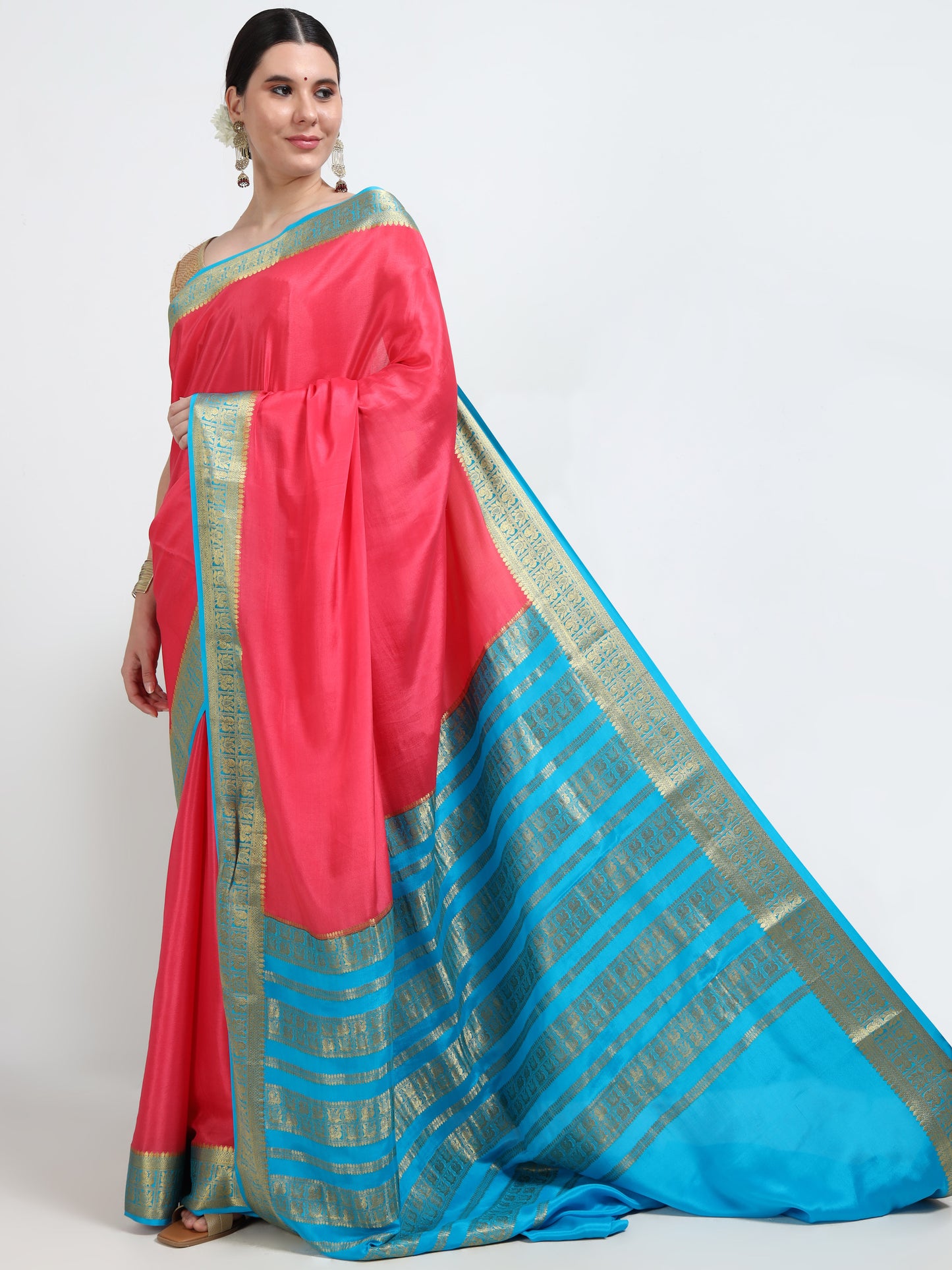 Tomato Pink Body With Sky Blue Pallu Pure Mysore Silk Crepe ( MC-MS 9 )