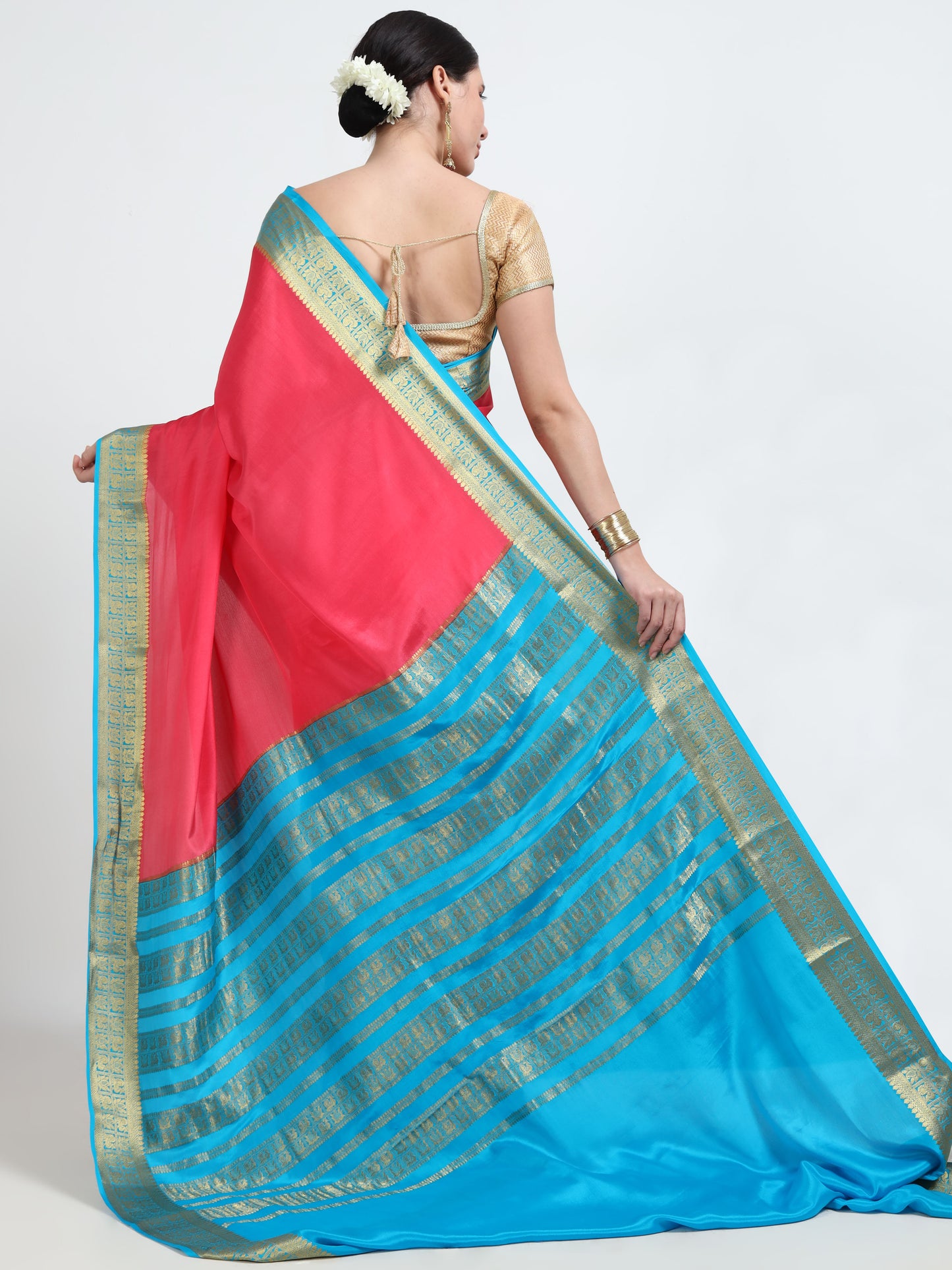 Tomato Pink Body With Sky Blue Pallu Pure Mysore Silk Crepe ( MC-MS 9 )