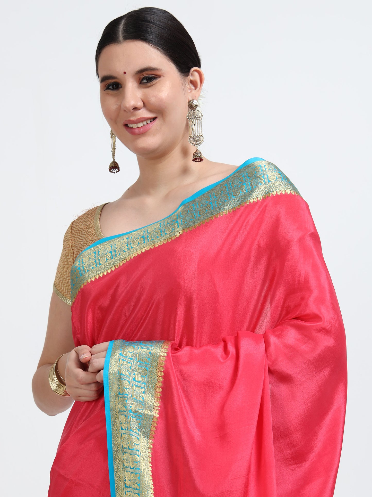 Tomato Pink Body With Sky Blue Pallu Pure Mysore Silk Crepe ( MC-MS 9 )