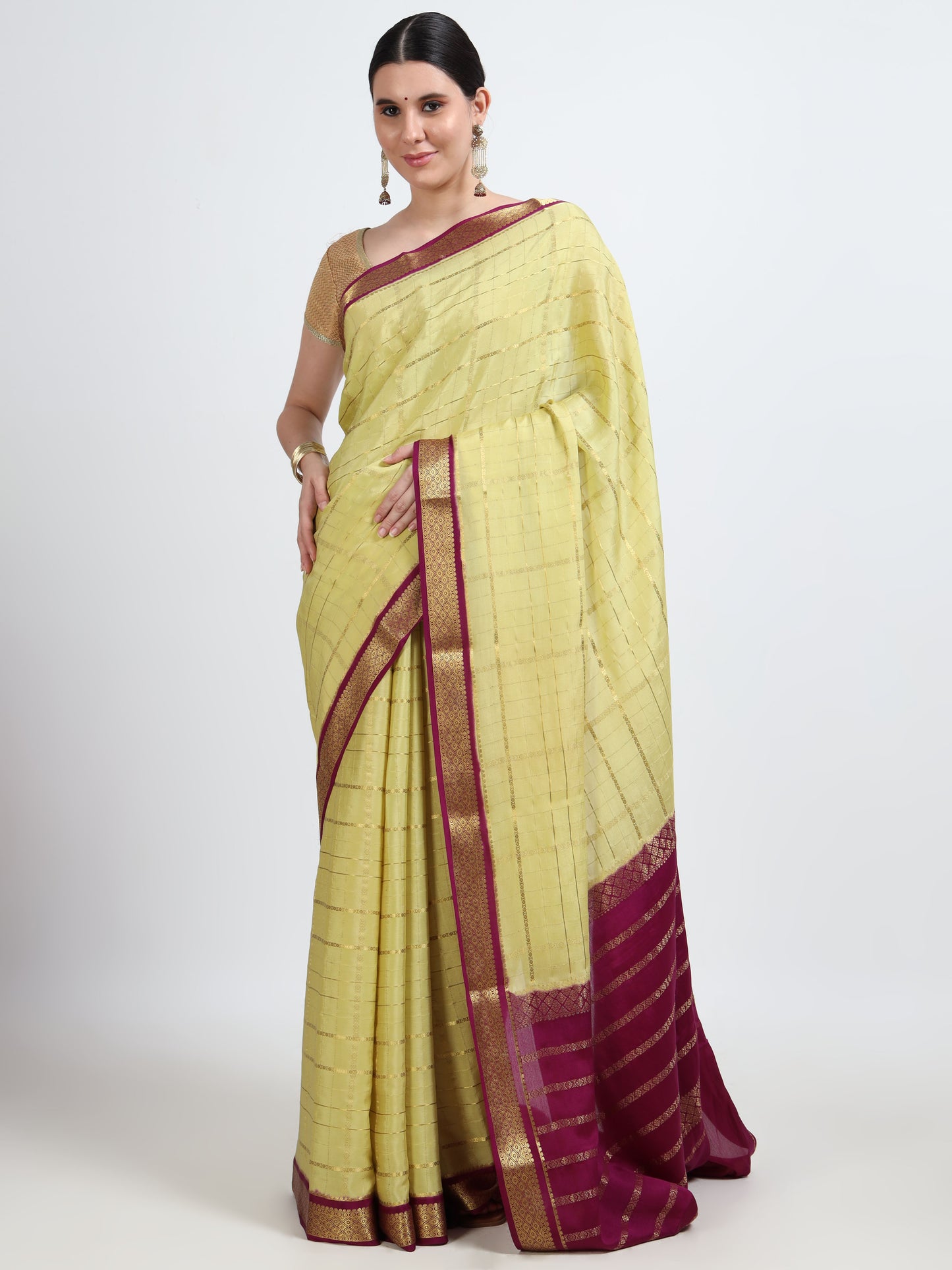Pastel Pale Green Body With Majenta Pallu Pure Mysore Silk Crepe ( MC-MS 6 )