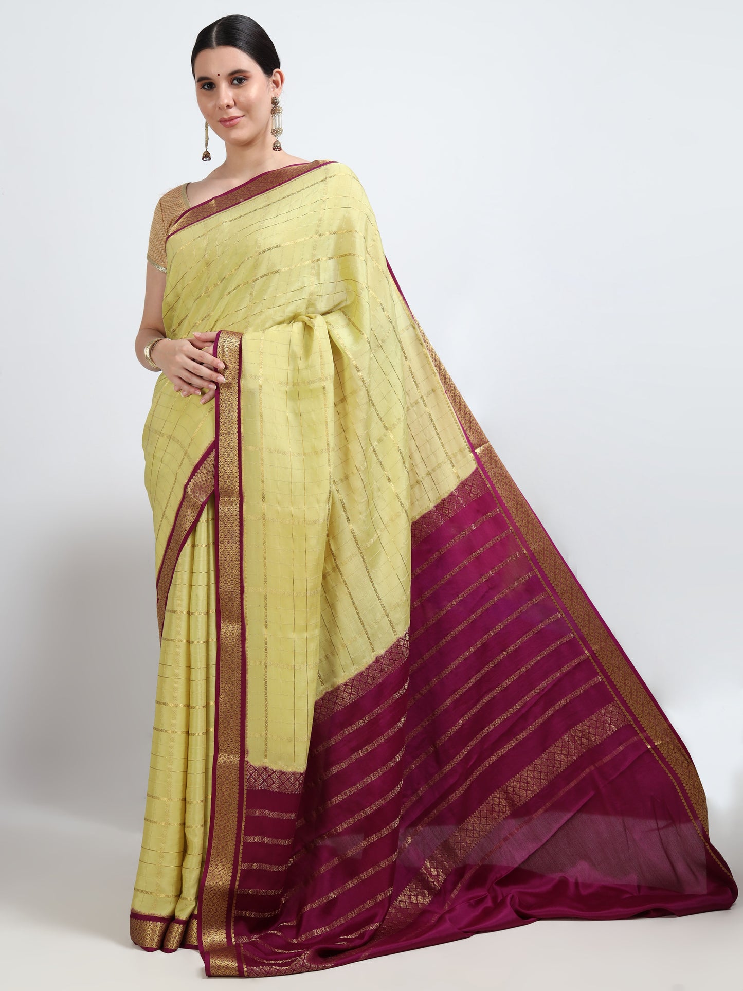 Pastel Pale Green Body With Majenta Pallu Pure Mysore Silk Crepe ( MC-MS 6 )