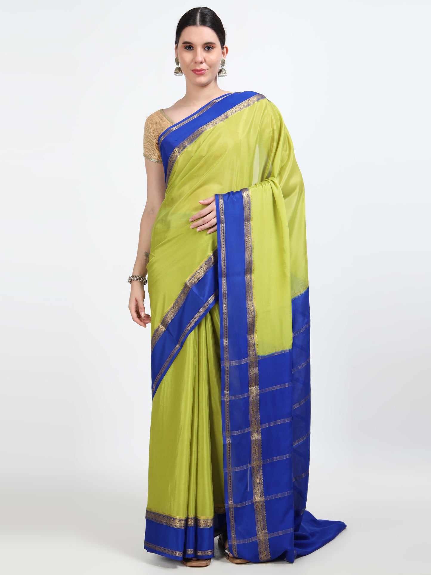 Olive Green Body With Royal Blue Pallu Pure Mysore Silk Crepe ( MC-MS 10 )