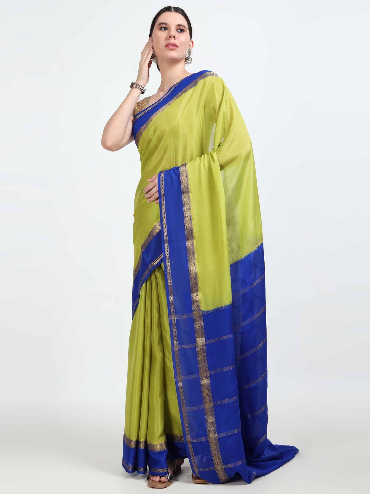 Olive Green Body With Royal Blue Pallu Pure Mysore Silk Crepe ( MC-MS 10 )
