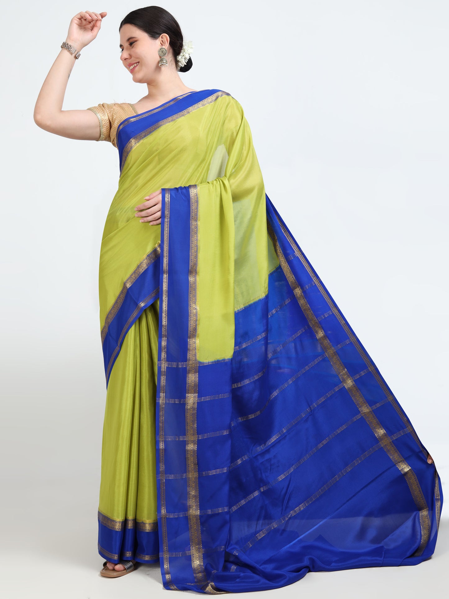 Olive Green Body With Royal Blue Pallu Pure Mysore Silk Crepe ( MC-MS 10 )