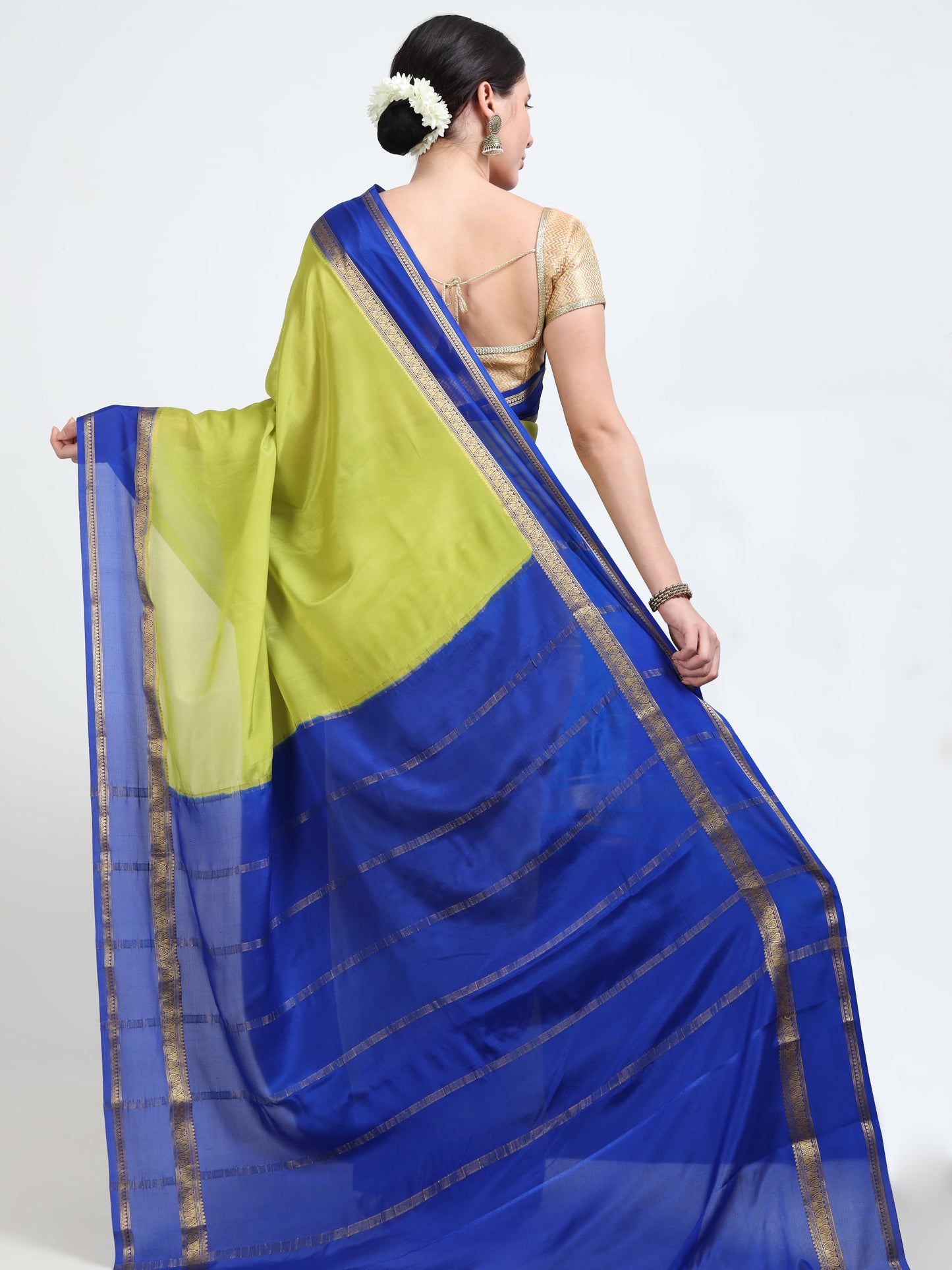 Olive Green Body With Royal Blue Pallu Pure Mysore Silk Crepe ( MC-MS 10 )