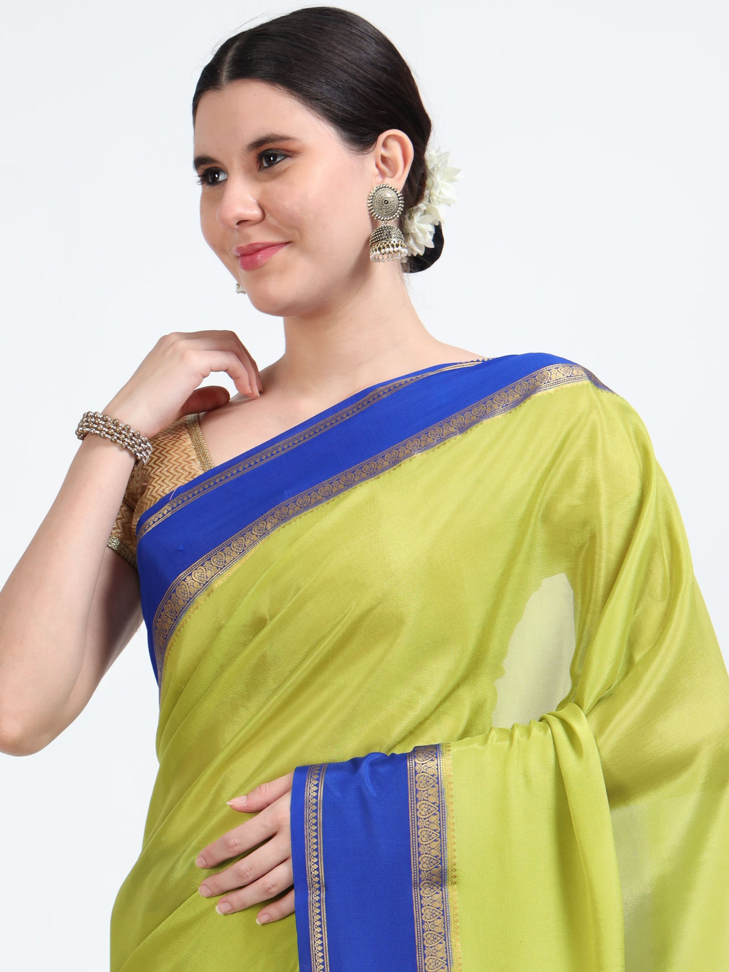 Olive Green Body With Royal Blue Pallu Pure Mysore Silk Crepe ( MC-MS 10 )