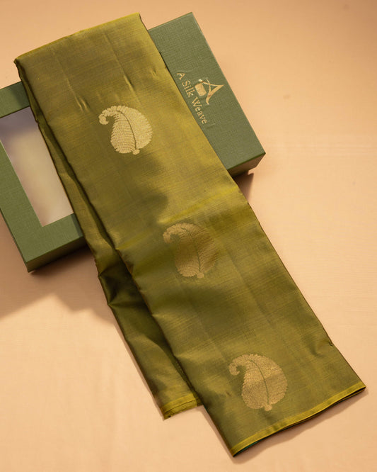 Olive Green With Deeper Saffire Green Pallu Kanchivaram Pure Soft Silk Saree