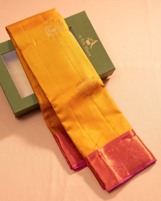 Bright Mustard With Rani Pink Pallu Kanchivaram Pure Soft Silk Saree