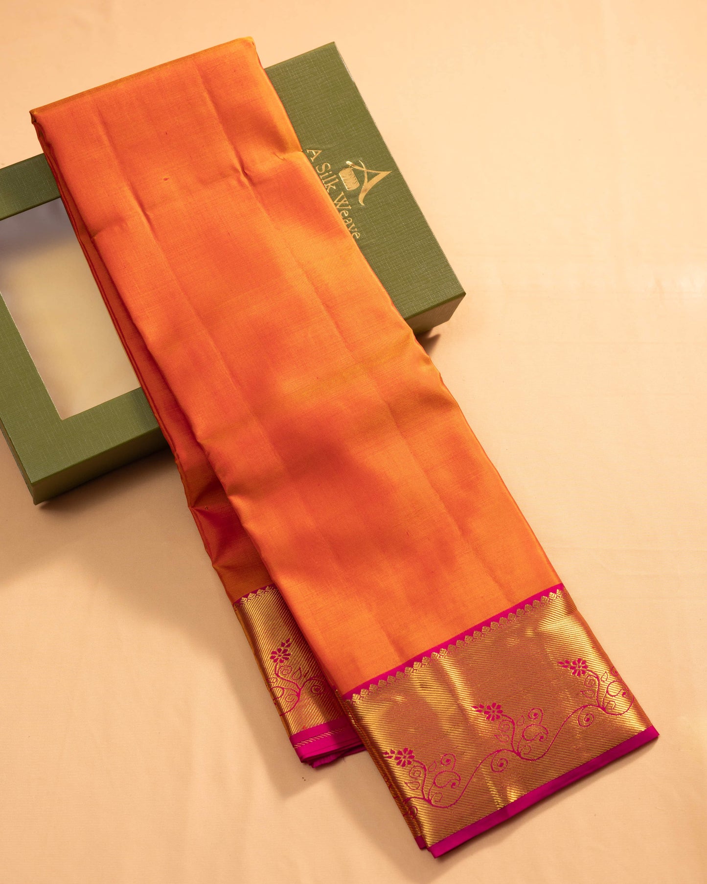 Mango Colour With Rani Pink Pallu Pure Soft Silk Saree