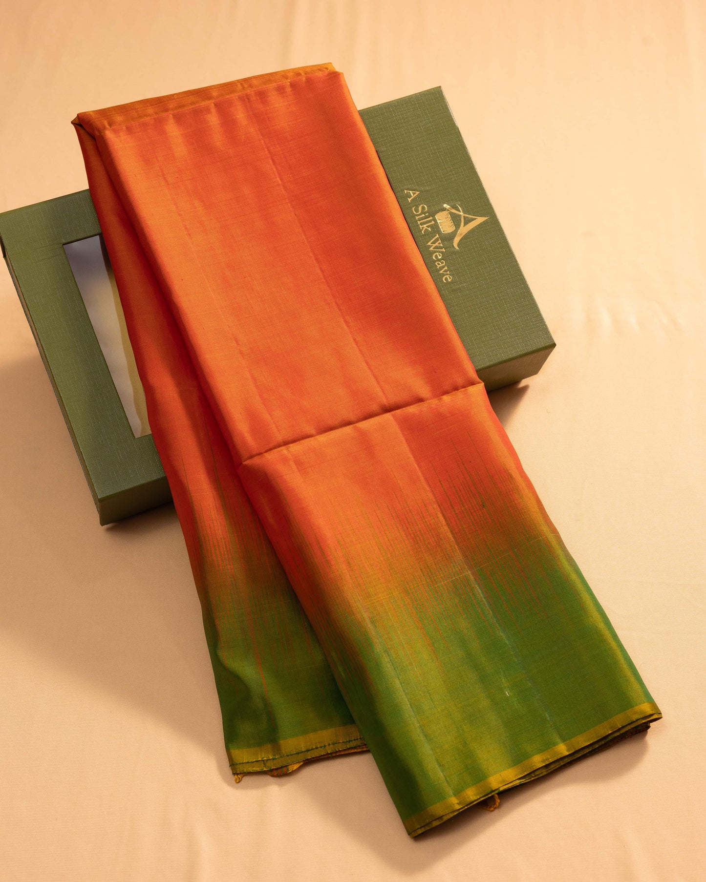 Orangeish Mango With Olive Green Pallu Pure Soft Silk Saree