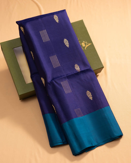 Royal Deeper Blue With Tarquoise Blue Pallu Kanchivaram Pure Soft Silk Saree
