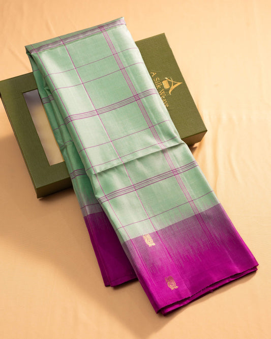 Pastel Pista Green With Light Majenta Pallu Kanchivaram Pure Soft Silk Saree