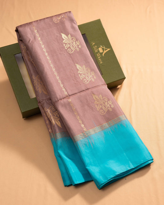 Pastel Brown With Sky Blue Pallu Kanchivaram Pure Soft Silk Saree