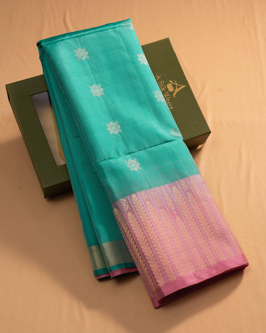 Sea Green With Pink Pallu Kanchivaram Pure Soft Silk Saree