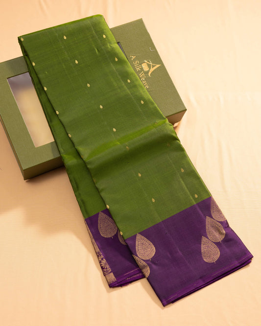Olive Green With Deeper Burgandy Pallu Kanchivaram Pure Soft Silk Saree