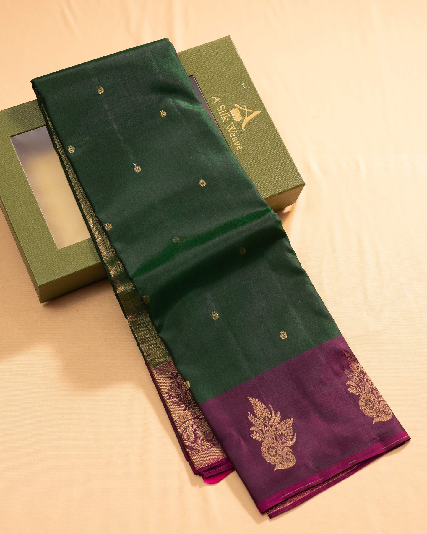 Bottle Green Colour With Deeper Burgandy Pallu Kanchivaram Pure Soft Silk Saree
