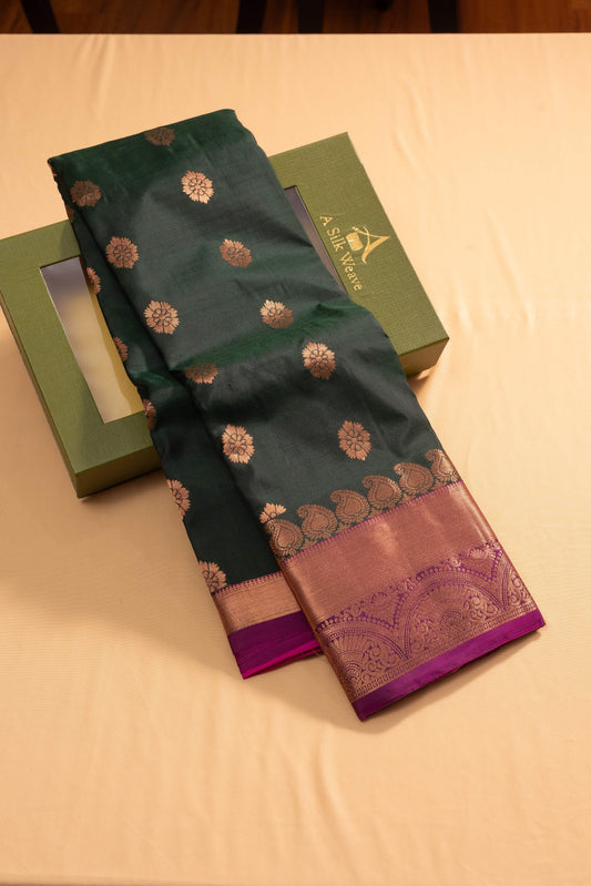 Bottle Green With Rani Pink Pallu Pure Silk Gift Saree