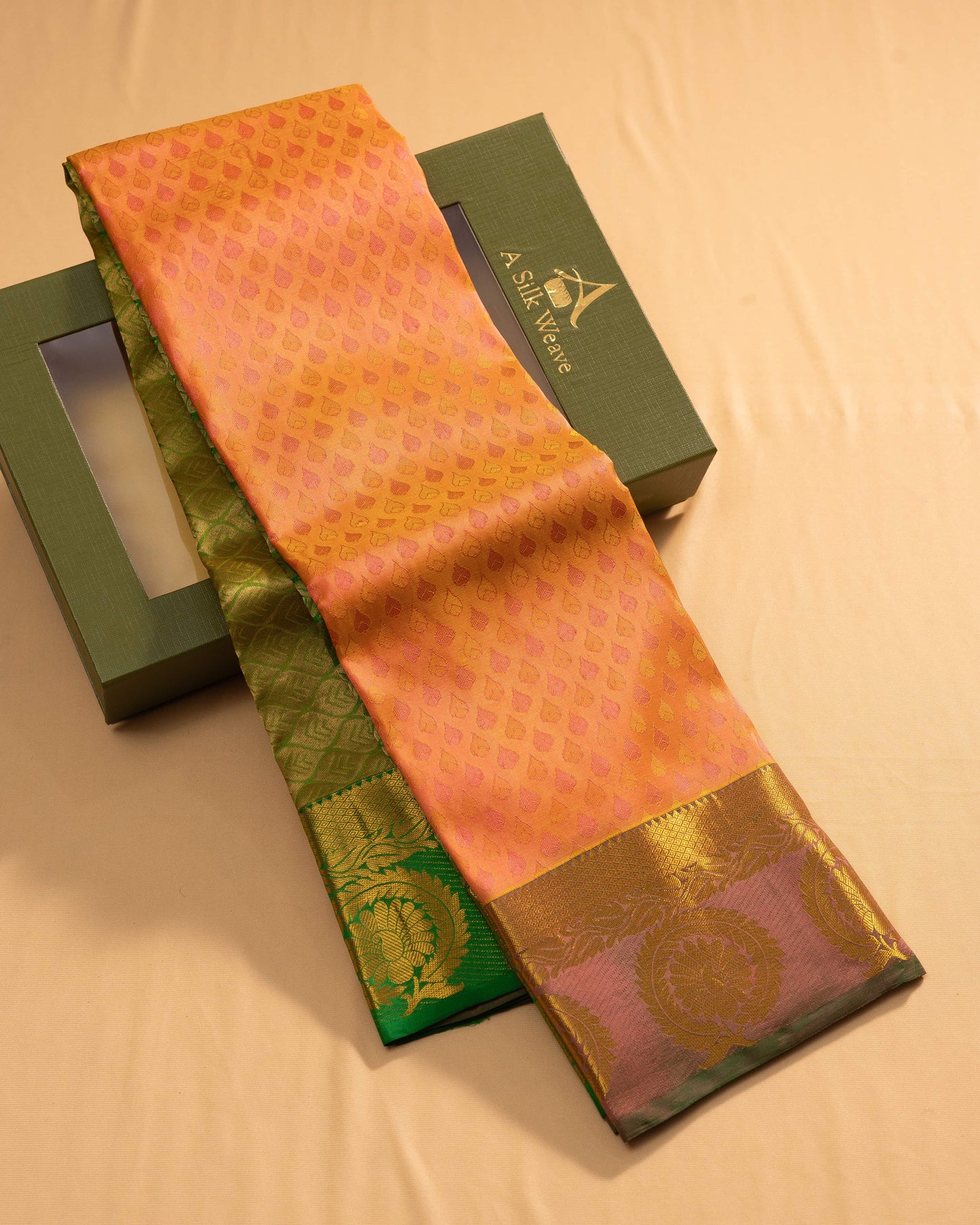 Goldish Pink With Green Pallu Pure Silk Gift Saree