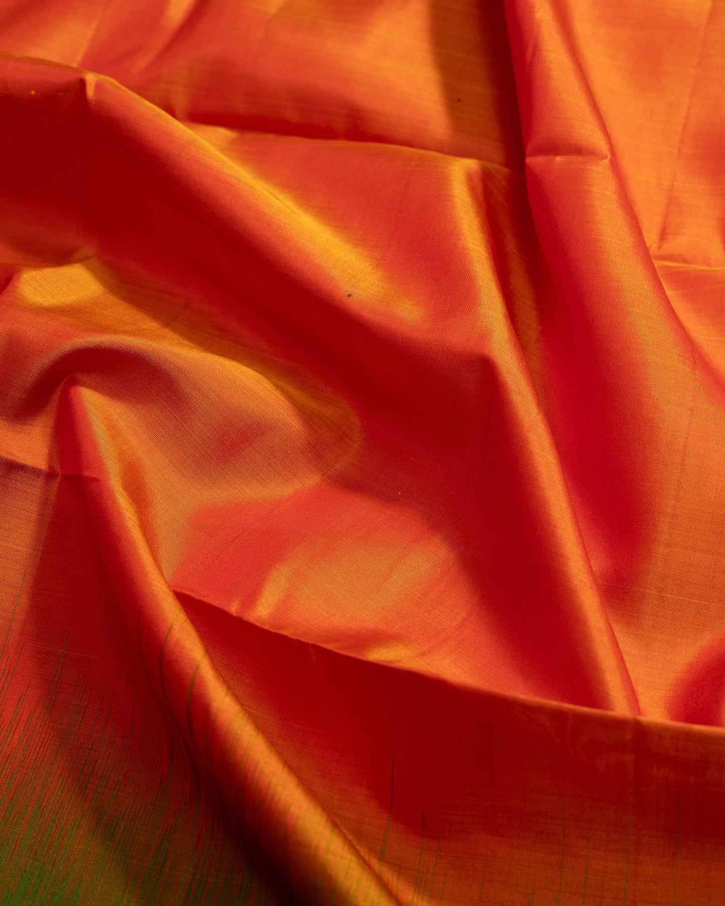 Orangeish Mango With Olive Green Pallu Pure Soft Silk Saree