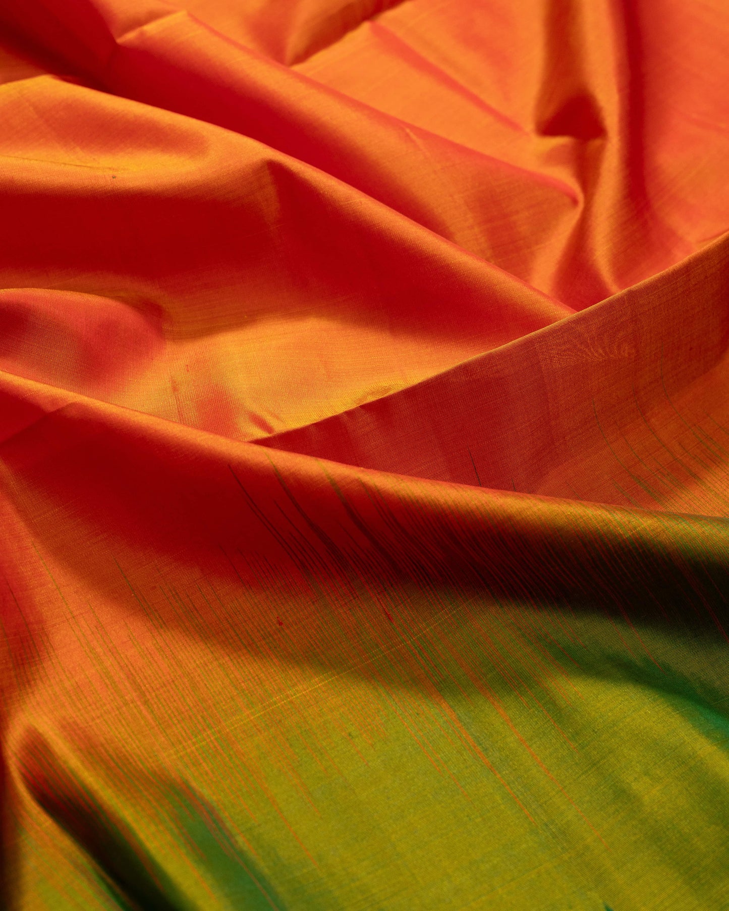 Orangeish Mango With Olive Green Pallu Pure Soft Silk Saree