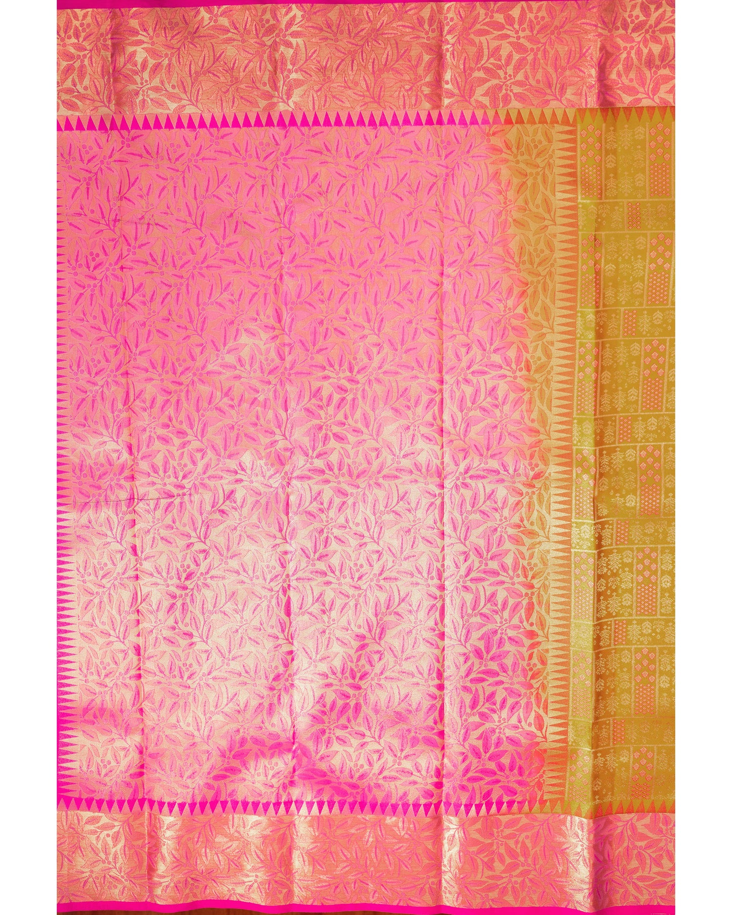 Greenish Yellow With Rani Pink Pallu Pure Silk Signature Blend Saree