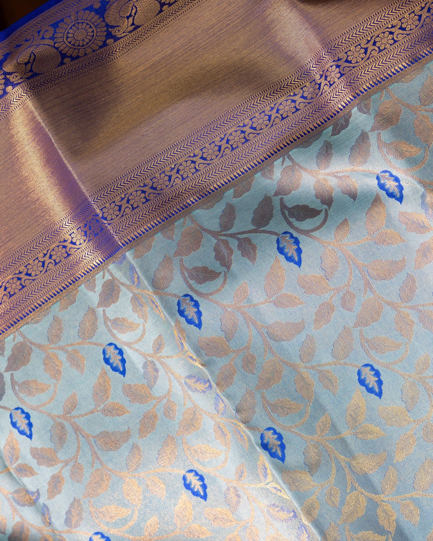 Pastel Grey With Royal Blue Pallu Pure Silk Signature Blend Saree