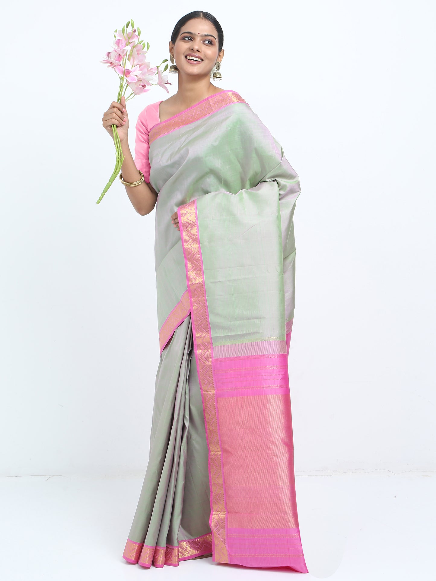 Dual Tone Rani With Green Body With Rani Pink Pallu Kanchipuram Pure Silk ( ARN 6 )