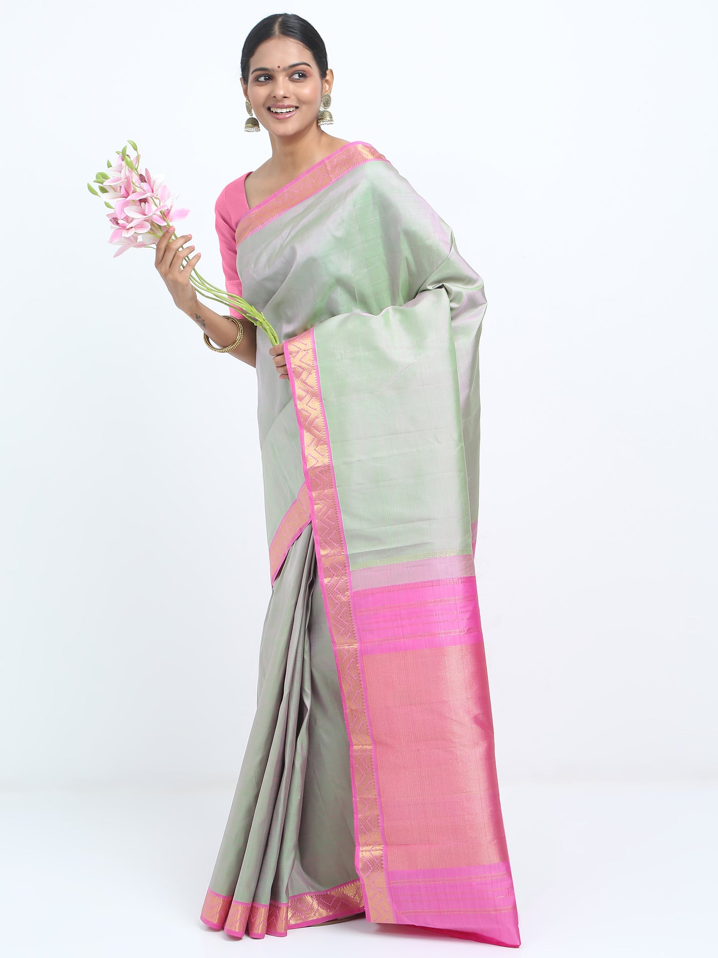 Dual Tone Rani With Green Body With Rani Pink Pallu Kanchipuram Pure Silk ( ARN 6 )