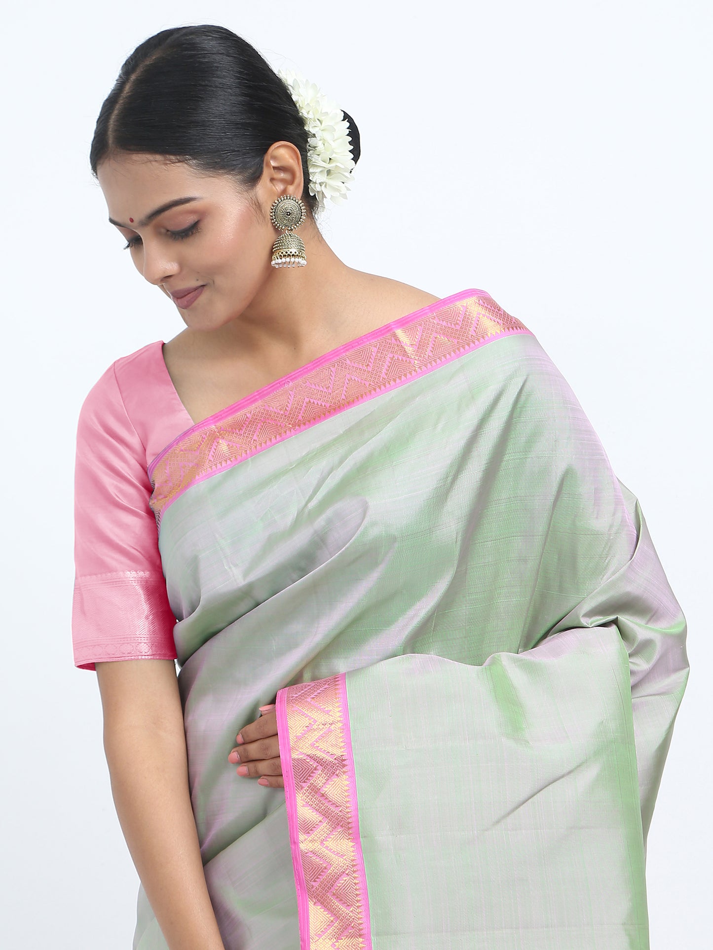 Dual Tone Rani With Green Body With Rani Pink Pallu Kanchipuram Pure Silk ( ARN 6 )