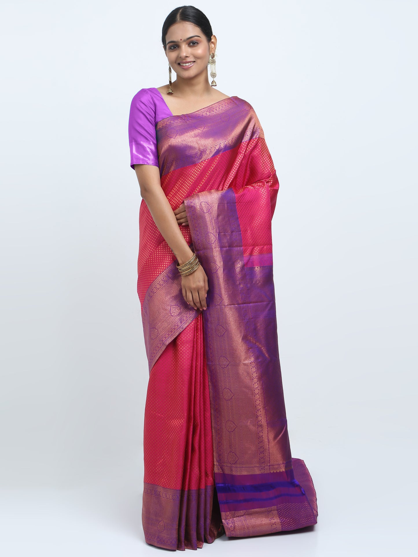 Contrast Violet Border And Rani Body Kanchipuram Pure Silk ( MDP-KN 7 )