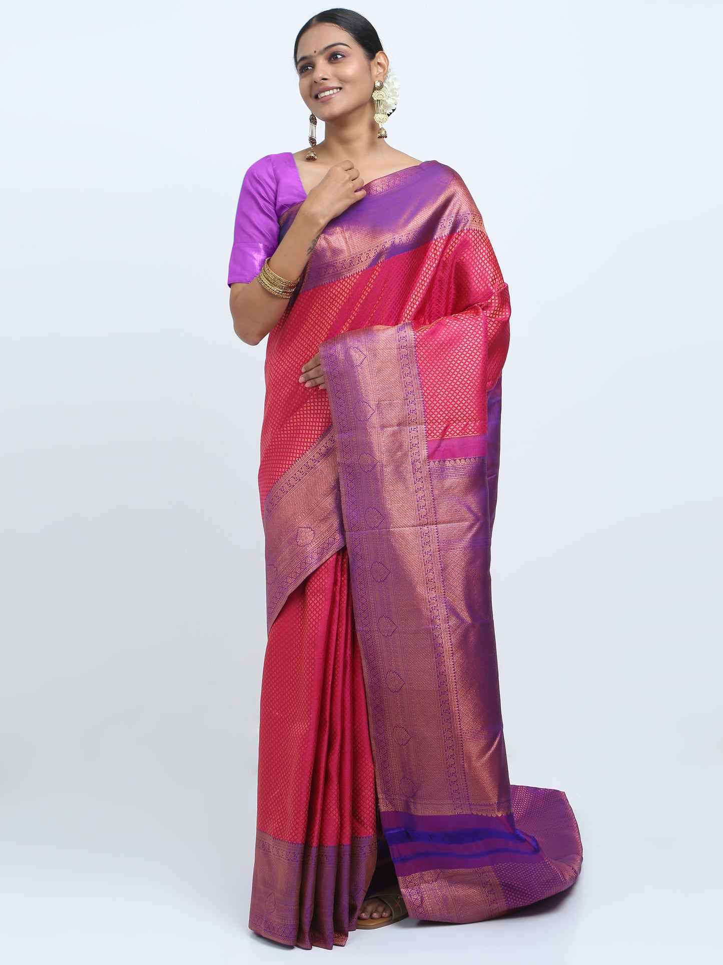 Contrast Violet Border And Rani Body Kanchipuram Pure Silk ( MDP-KN 7 )