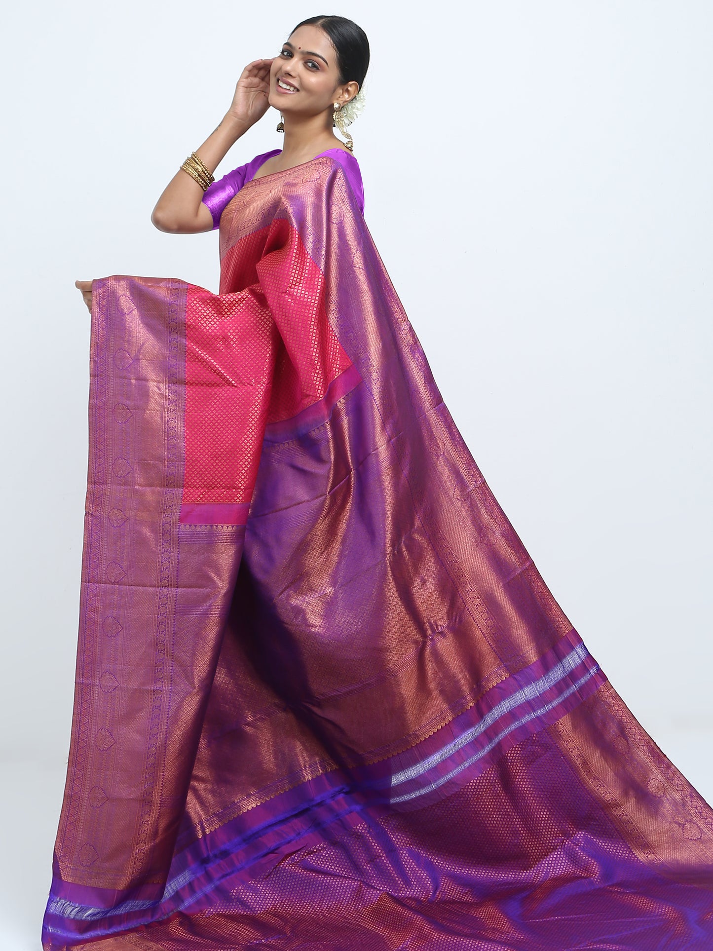 Contrast Violet Border And Rani Body Kanchipuram Pure Silk ( MDP-KN 7 )