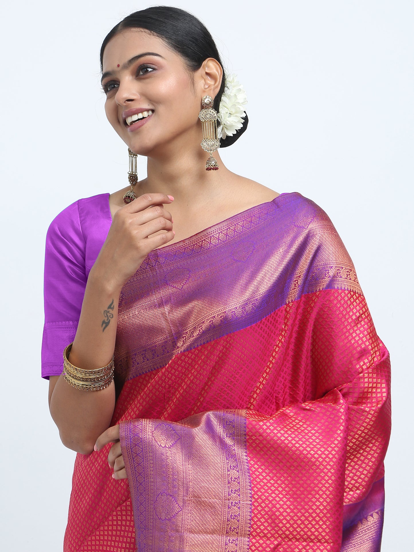 Contrast Violet Border And Rani Body Kanchipuram Pure Silk ( MDP-KN 7 )