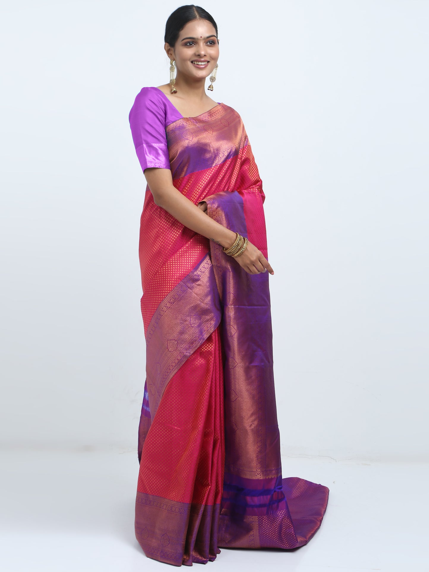 Contrast Violet Border And Rani Body Kanchipuram Pure Silk ( MDP-KN 7 )