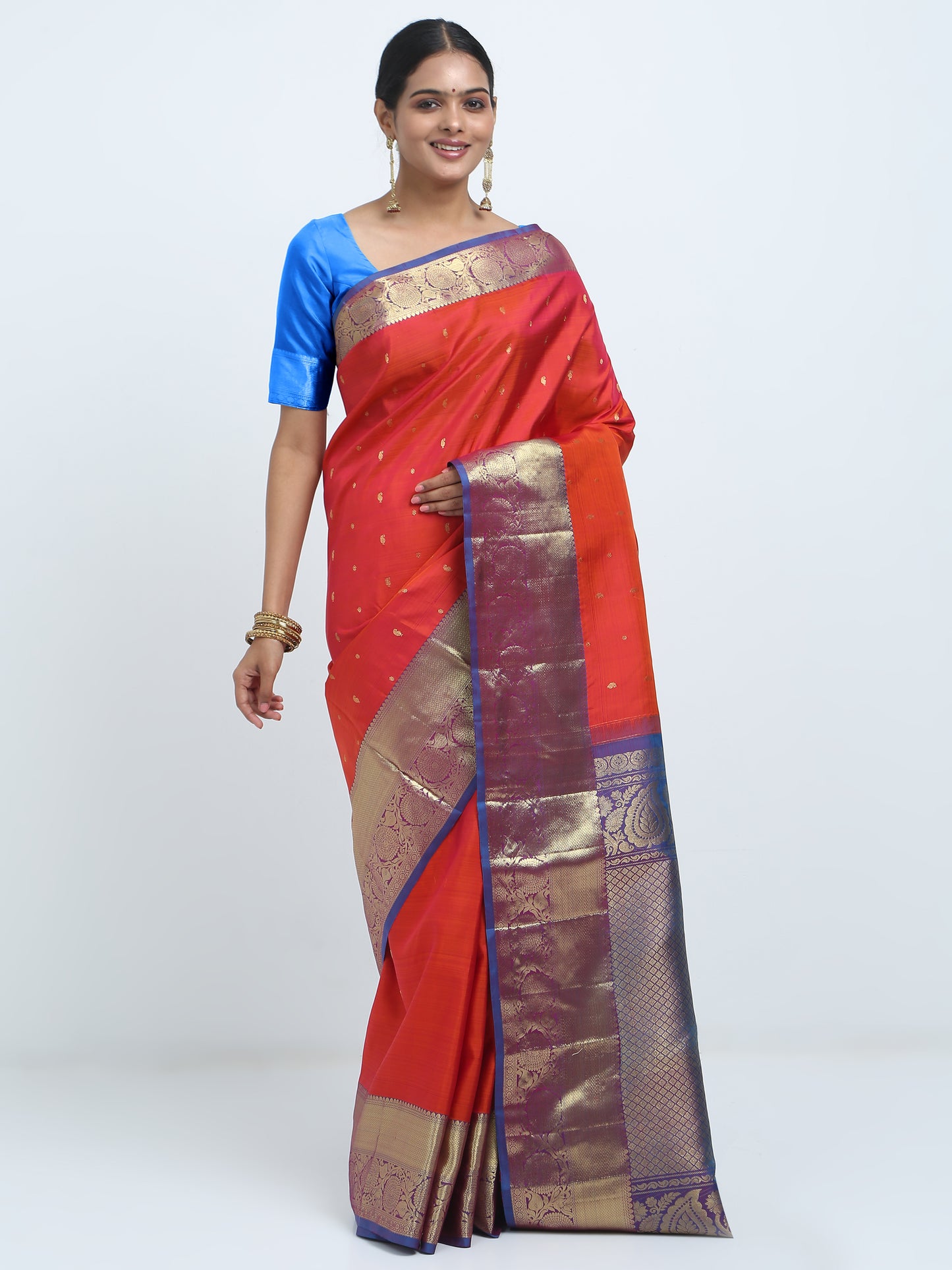 Rust Body With Ananda Blue Pallu Kanchipuram Pure Silk ( YNJ 1B )