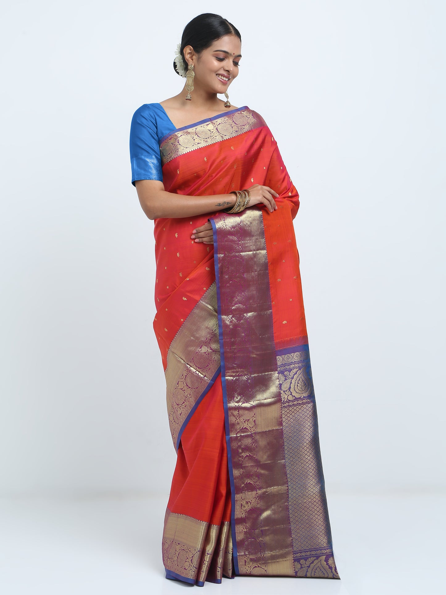 Rust Body With Ananda Blue Pallu Kanchipuram Pure Silk ( YNJ 1B )