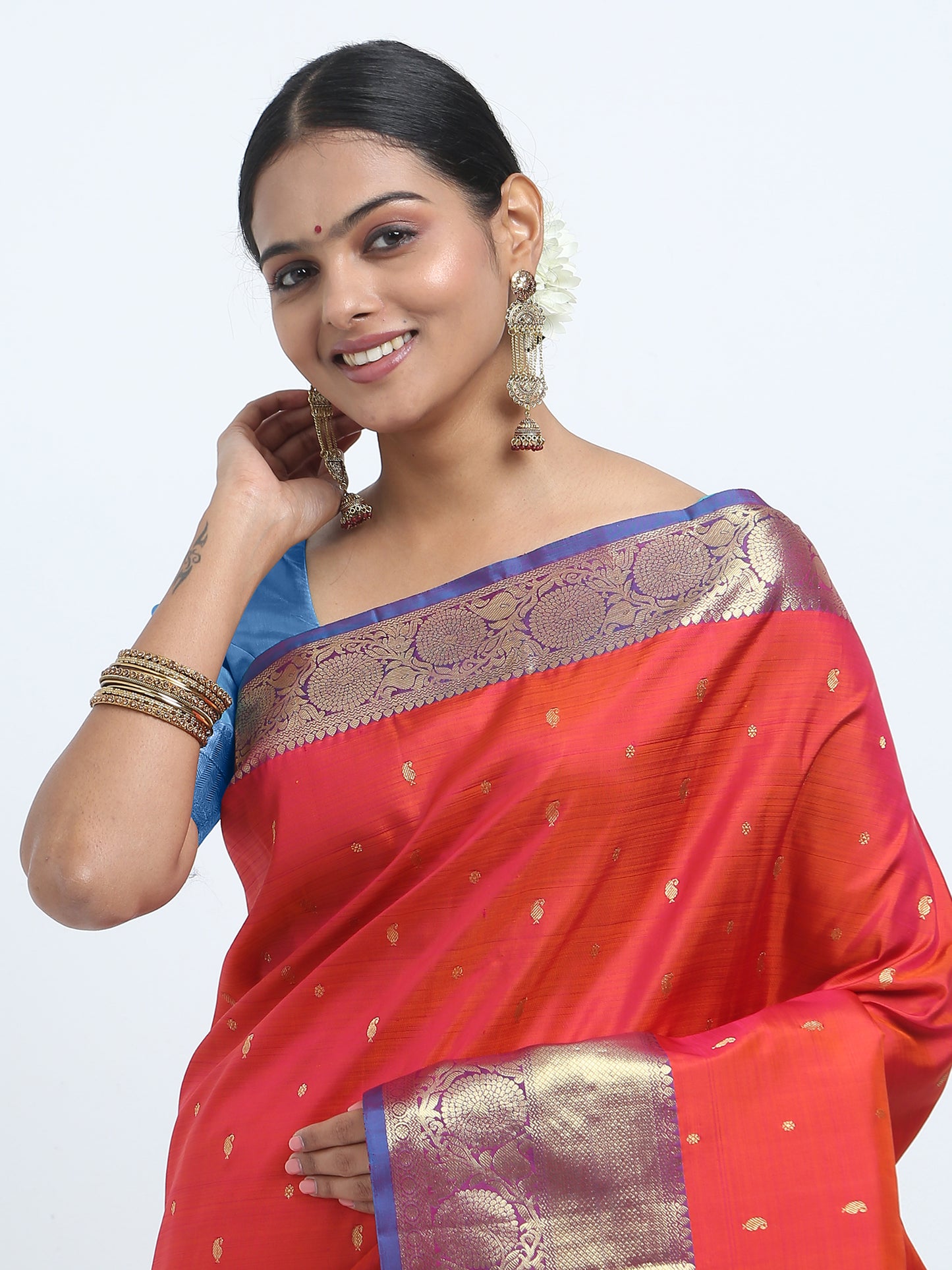 Rust Body With Ananda Blue Pallu Kanchipuram Pure Silk ( YNJ 1B )