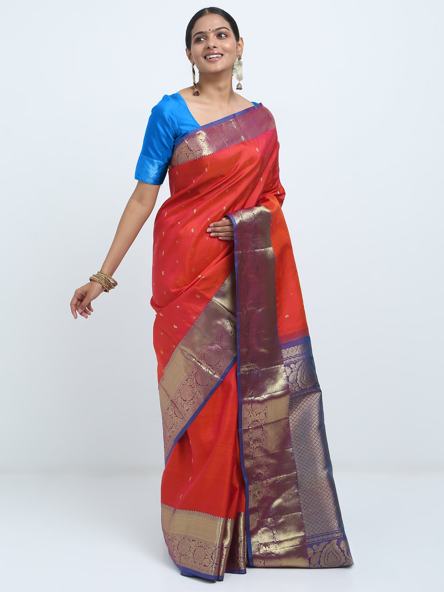 Rust Body With Ananda Blue Pallu Kanchipuram Pure Silk ( YNJ 1B )