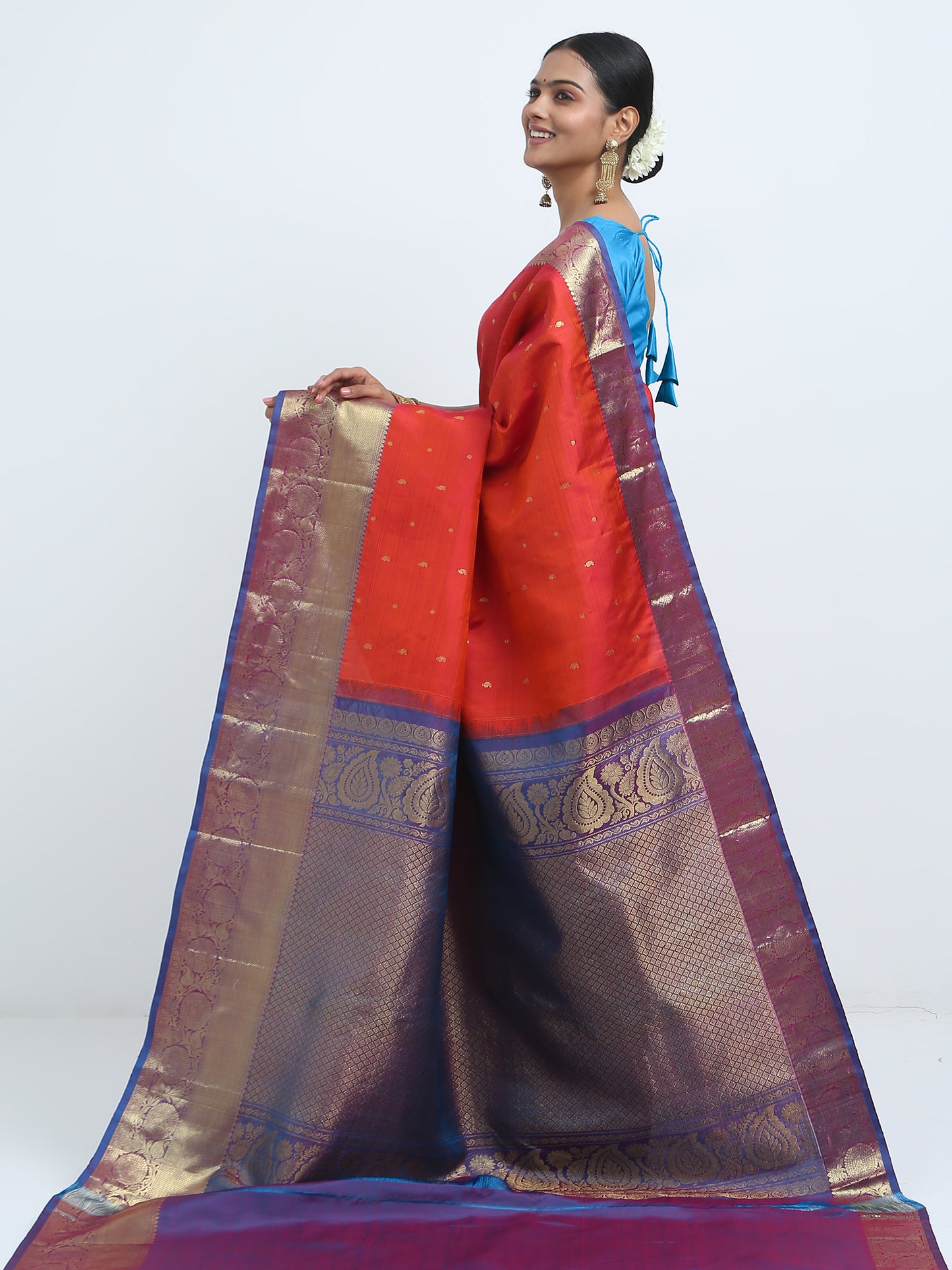 Rust Body With Ananda Blue Pallu Kanchipuram Pure Silk ( YNJ 1B )