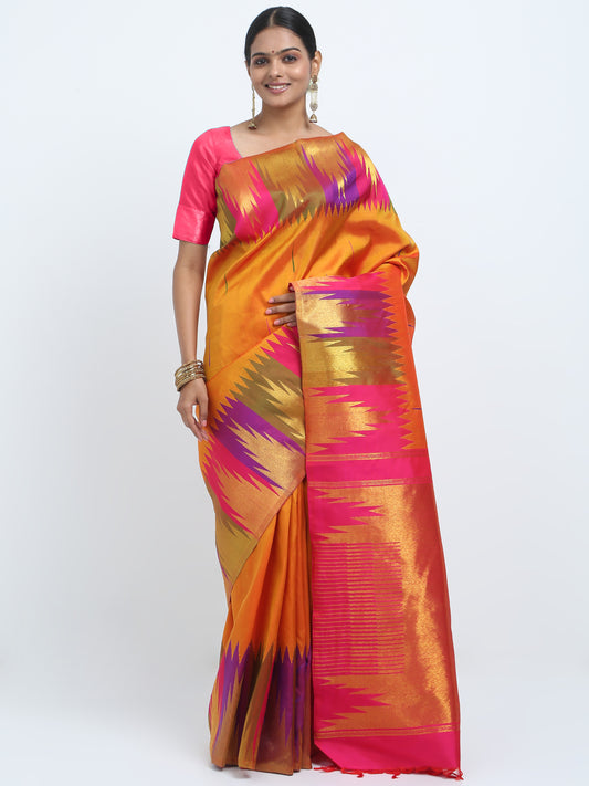 Multi Colour Woven Contrast With Mango Gold Body Kanchipuram Pure Silk ( SYS 2 )