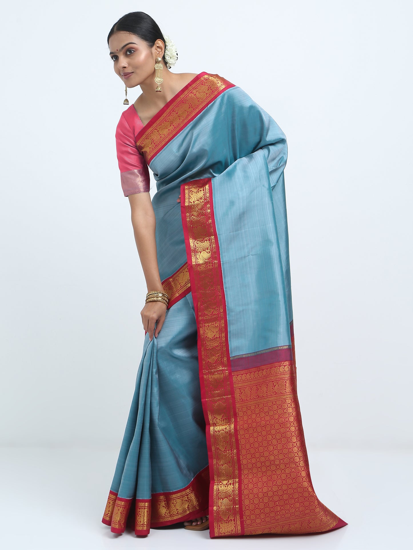 Dual Tone Contrast Maroon Border With Greyish Green Body Maroon Pallu Kanchipuram Pure Silk ( ARN 1 )