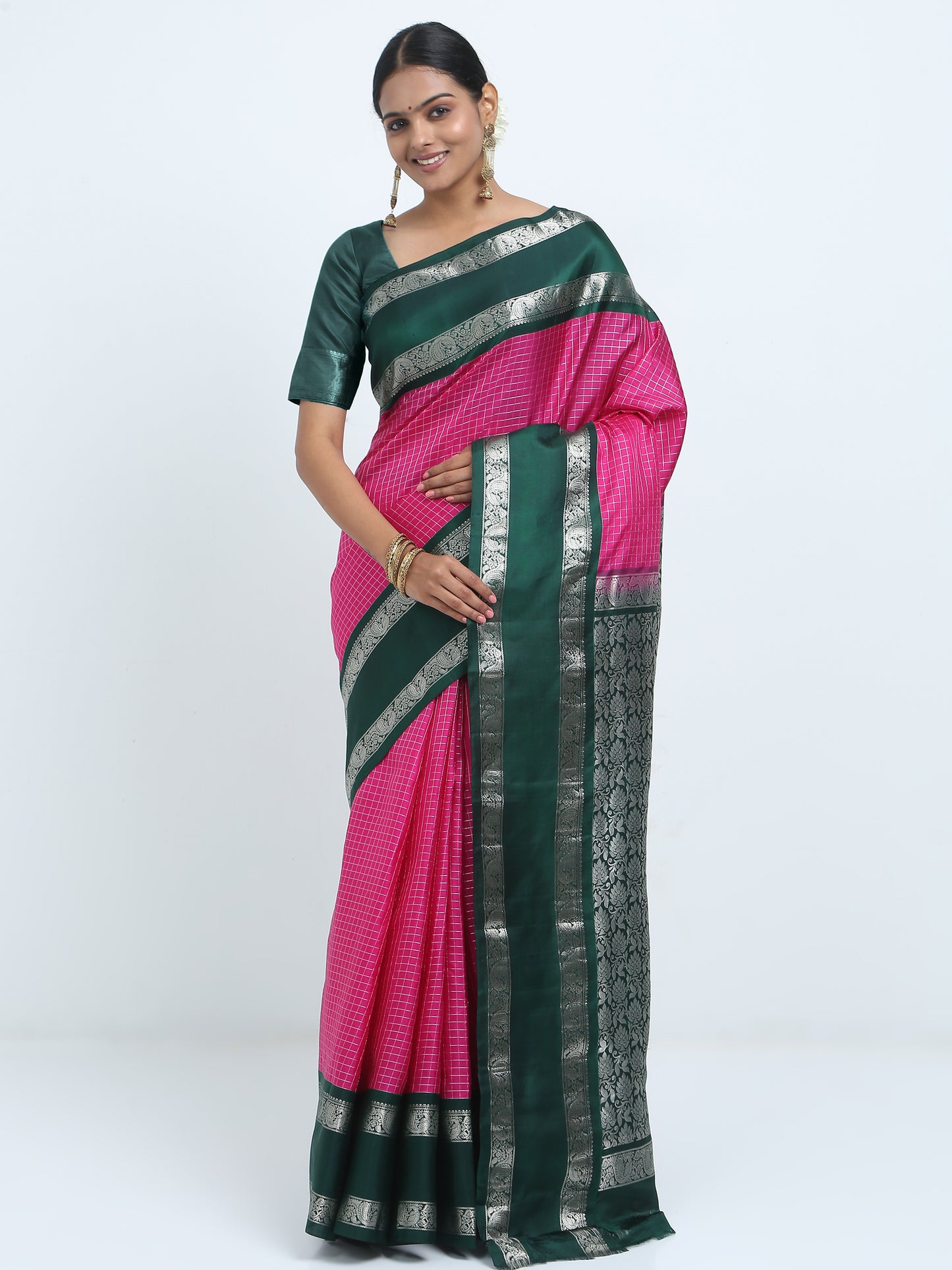 Contrast Bottle Green Border And Rani Body With Bottle Green Pallu Kanchipuram Pure Silk ( PSKS 1 )
