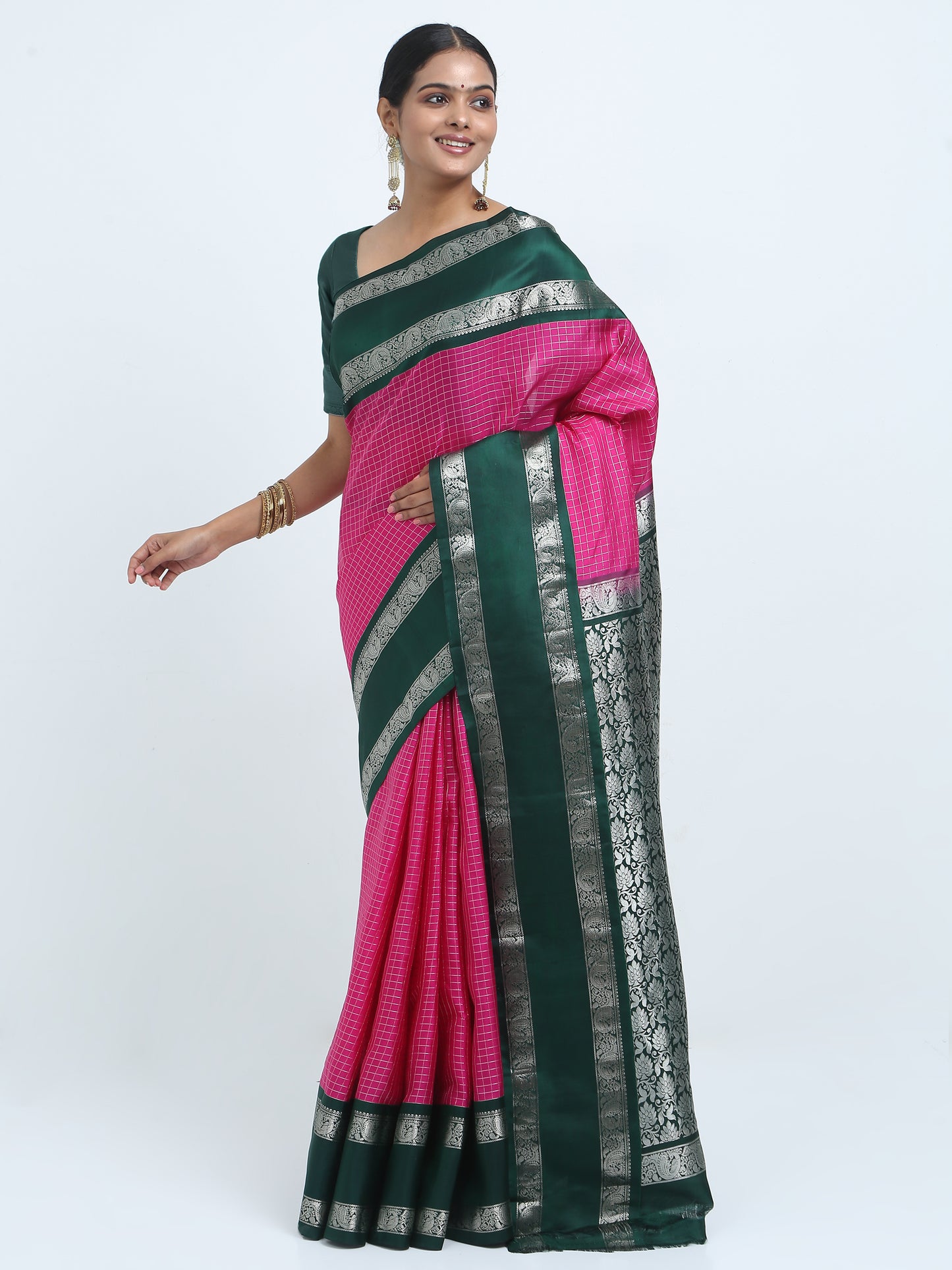 Contrast Bottle Green Border And Rani Body With Bottle Green Pallu Kanchipuram Pure Silk ( PSKS 1 )