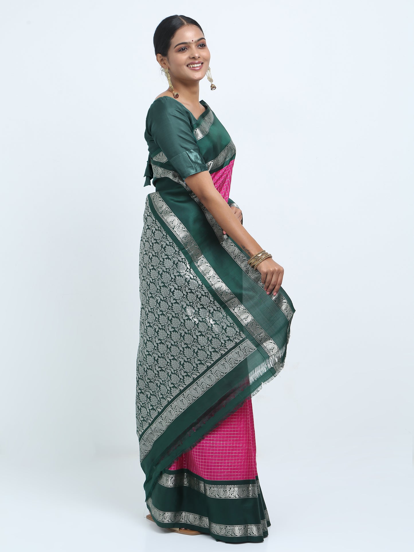 Contrast Bottle Green Border And Rani Body With Bottle Green Pallu Kanchipuram Pure Silk ( PSKS 1 )