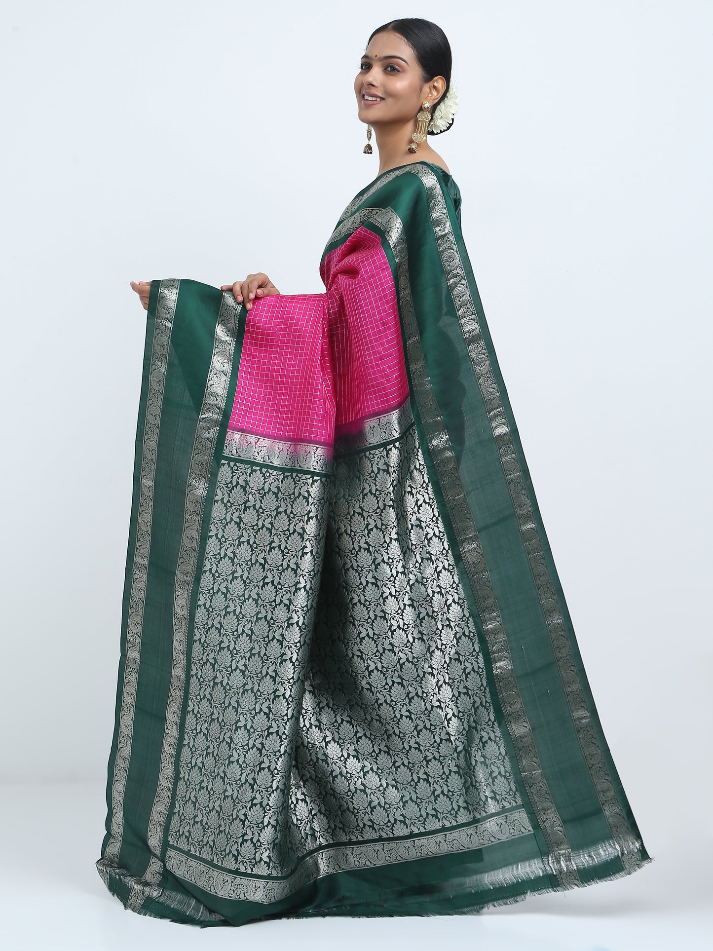 Contrast Bottle Green Border And Rani Body With Bottle Green Pallu Kanchipuram Pure Silk ( PSKS 1 )