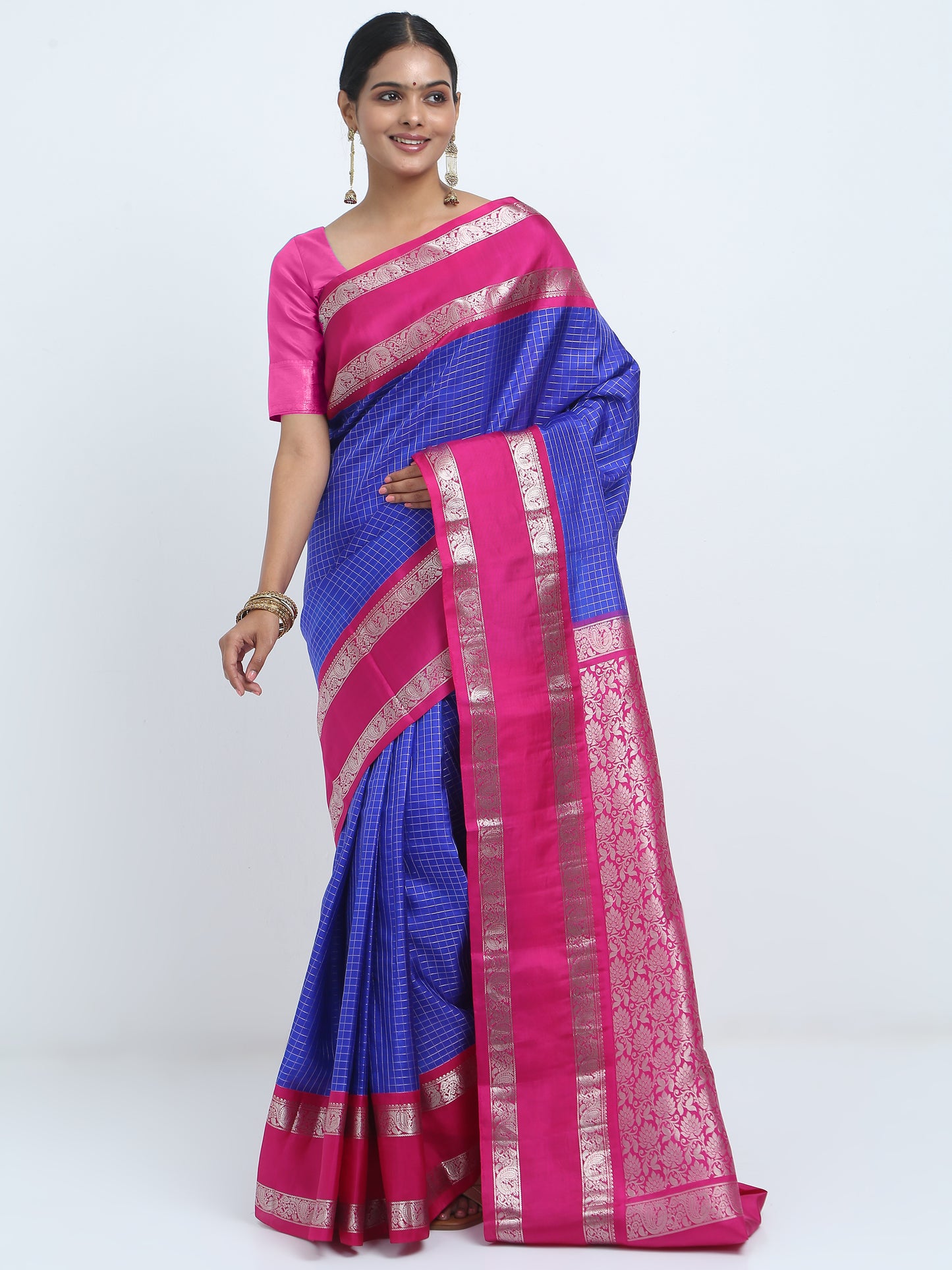 Contrast Rani Border And Royal blue Body With Rani Pallu Kanchipuram Pure Silk ( PSKS 1 )