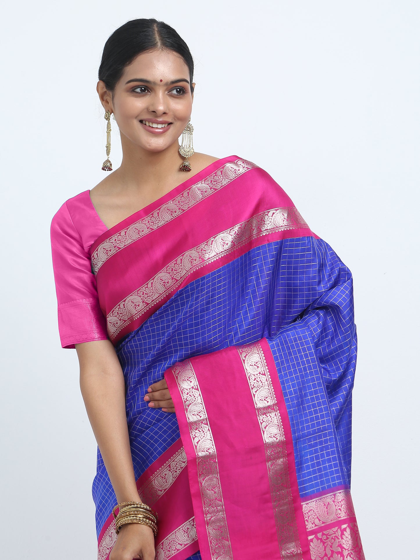 Contrast Rani Border And Royal blue Body With Rani Pallu Kanchipuram Pure Silk ( PSKS 1 )