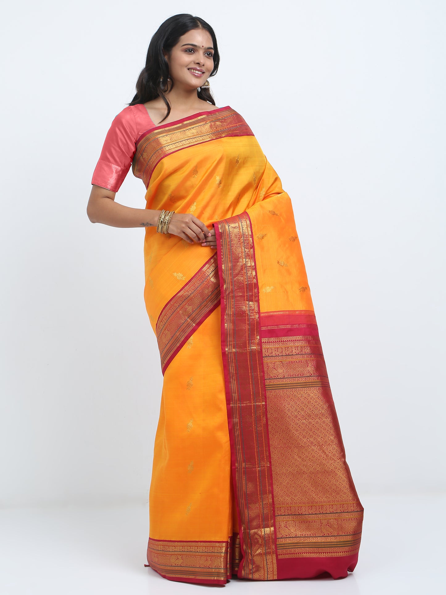 Contrast Maroon Border And Mango Body With Maroon Pallu Kanchipuram Pure Silk ( ARN 3 )